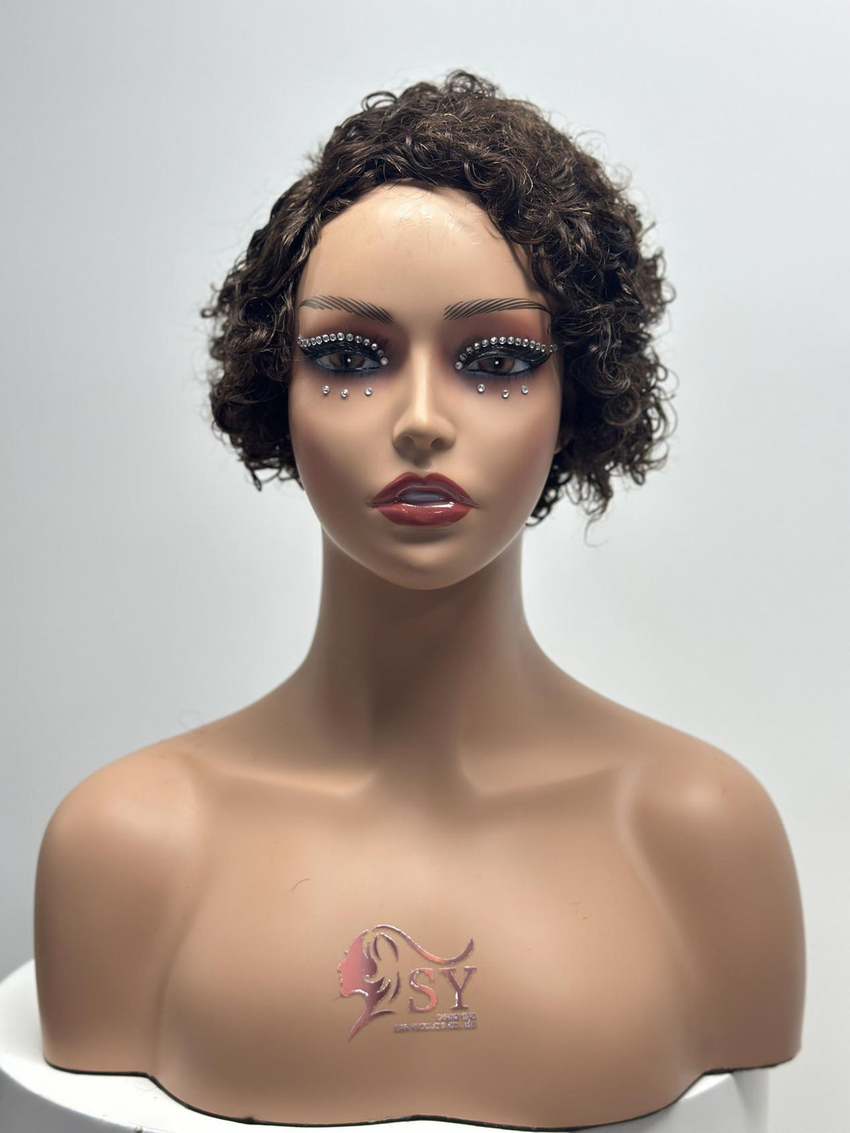 UNices Hair chocolate brown machine-made pixie curly human hair wig front view