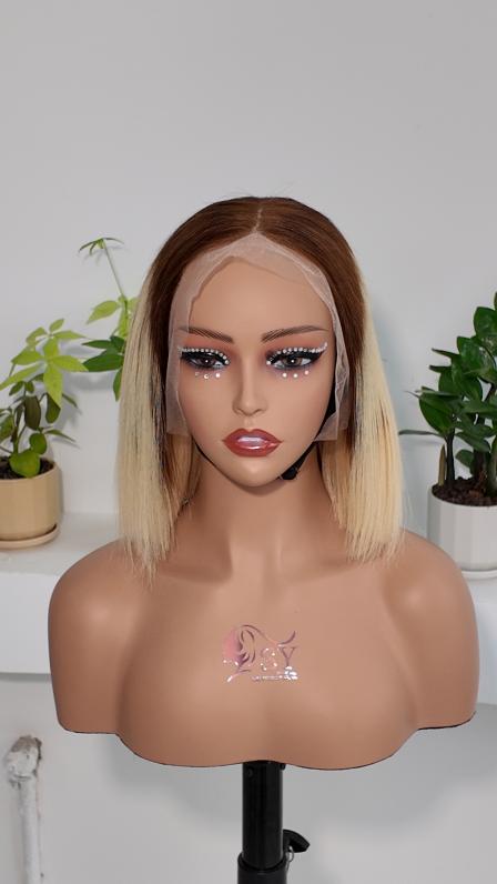Front view of UNices Hair 8 inch dark root blonde 13x4 lace bob human hair wig