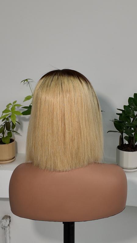 Back view of UNices Hair 8 inch dark root blonde 13x4 lace bob human hair wig