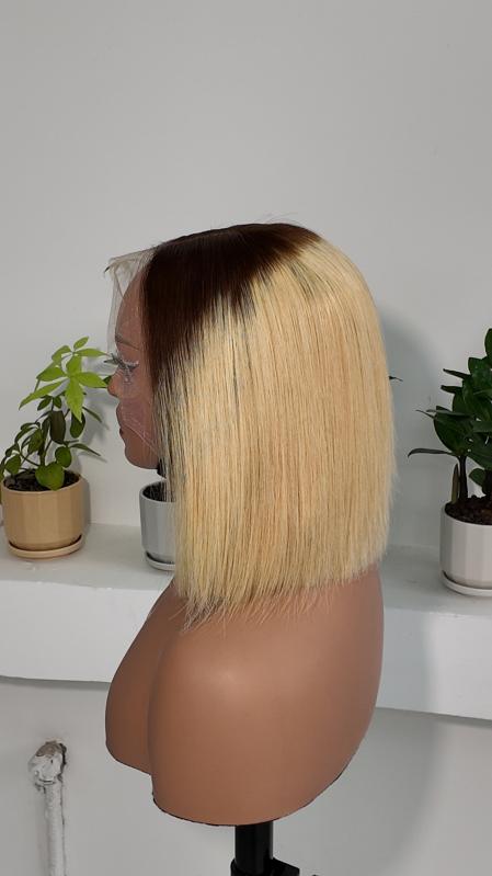 Side view of UNices Hair 8 inch dark root blonde 13x4 lace bob human hair wig
