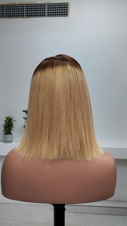 UNices Hair 10 inch dark root blonde 5x5 lace straight bob human hair wig back view