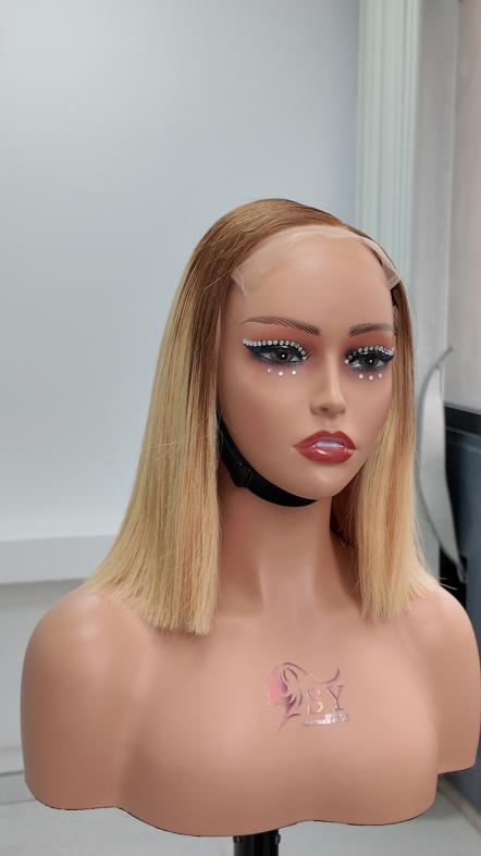 UNices Hair 10 inch dark root blonde 5x5 lace straight bob human hair wig front view