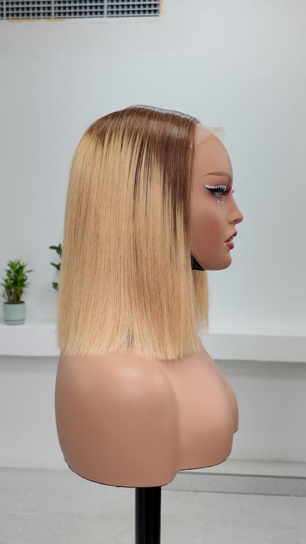 UNices Hair 10 inch dark root blonde 5x5 lace straight bob human hair wig side view
