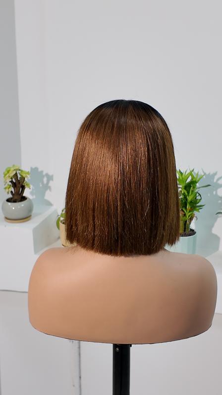 Back view of UNices Hair dark root brown 13x4 lace straight bob human hair wig