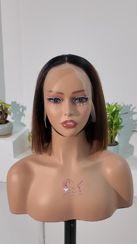 Front view of UNices Hair dark root brown 8 inch 13x4 lace straight bob human hair wig
