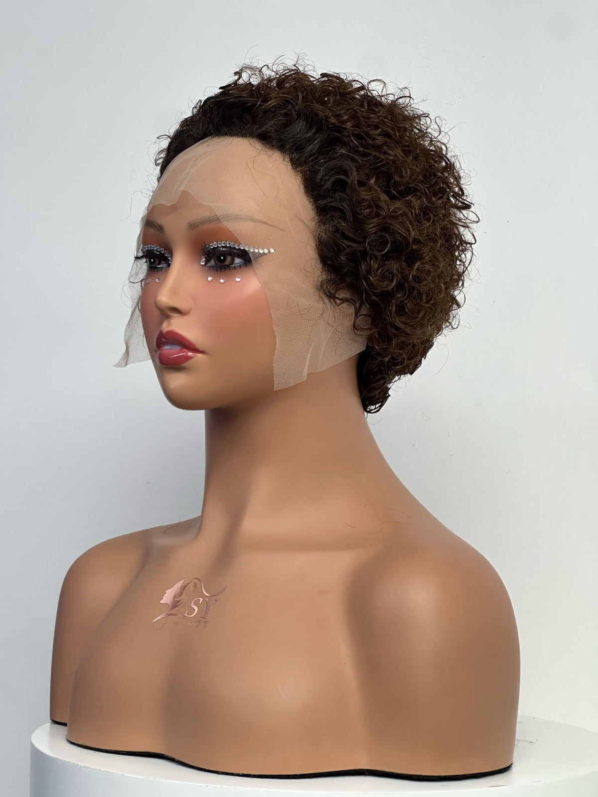 UNices Hair dark root chestnut brown 13x1 lace pixie curly human hair wig front view