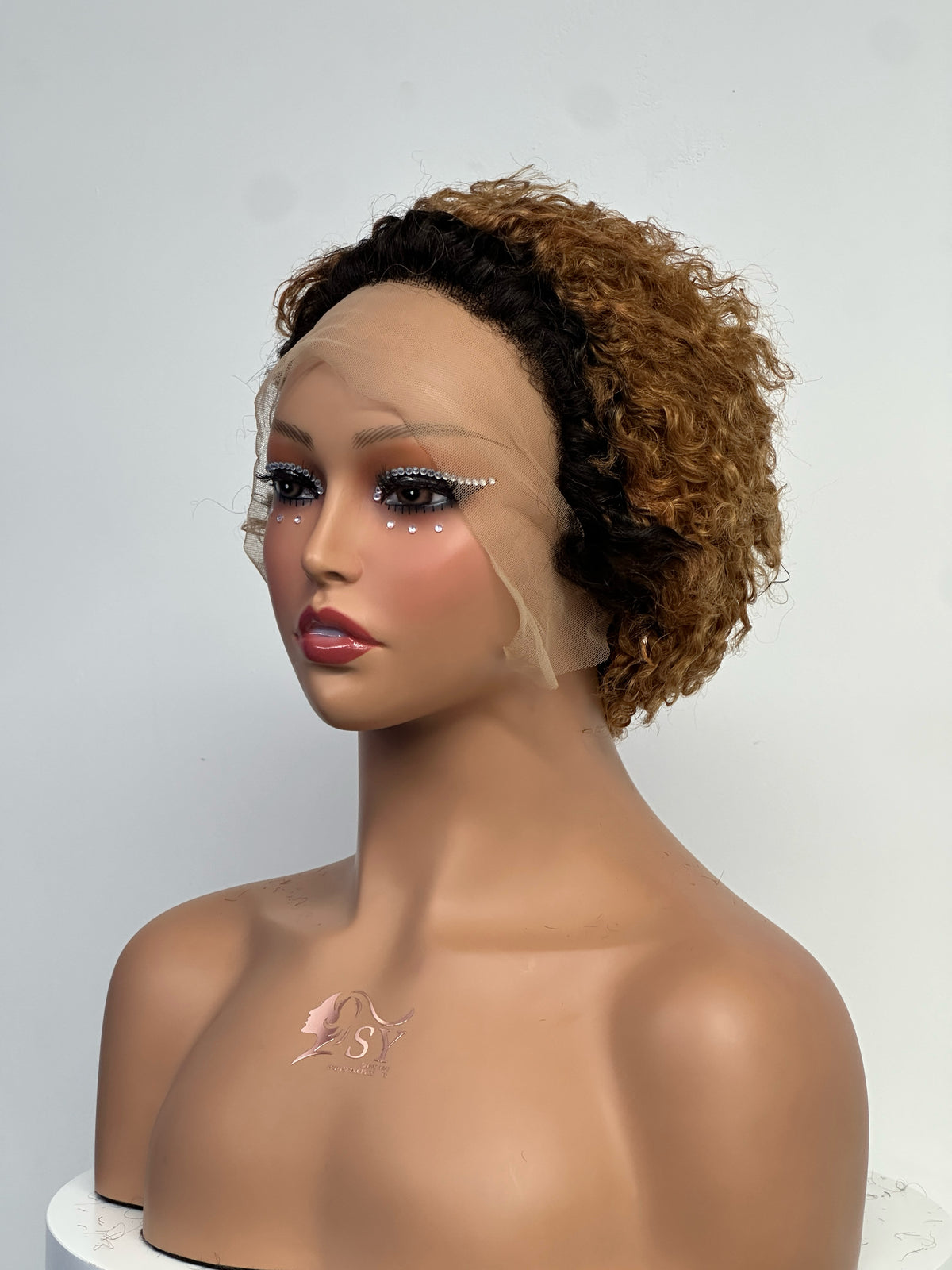 UNices Hair dark root honey blonde 13x4 lace pixie curly human hair wig front view