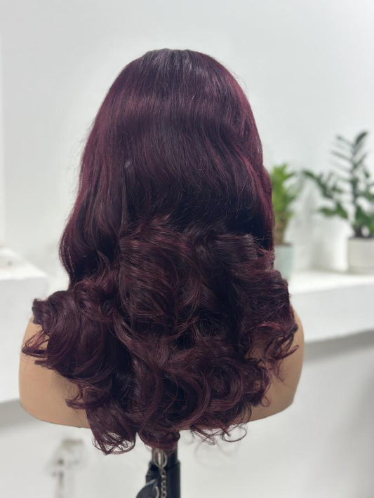 UNices Hair deep burgundy body wave human hair wig back view