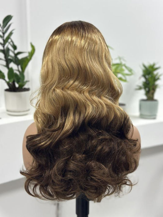 UNices Hair golden blonde to brown ombre body wave human hair wig back view