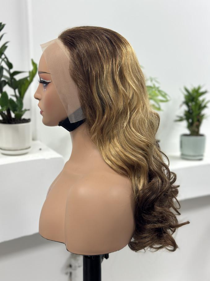 UNices Hair golden blonde brown ombre body wave lace front wig side view