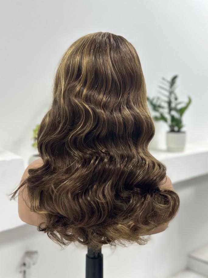 UNices Hair golden brown highlight body wave human hair wig back view