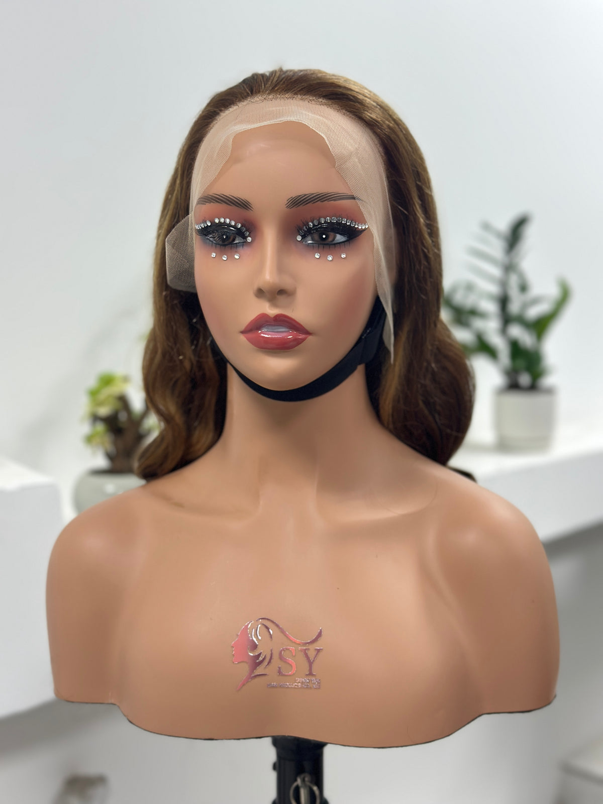 UNices Hair golden brown highlight body wave lace front wig front view
