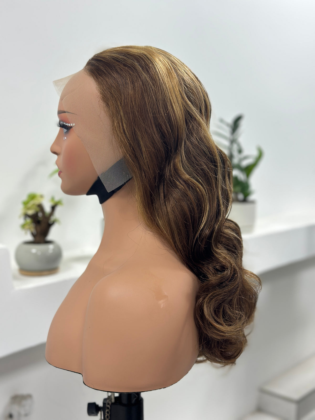 UNices Hair golden brown highlight body wave human hair wig side view
