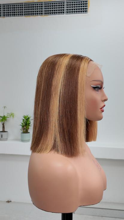 UNices Hair 10 inch honey blonde highlight 5x5 lace straight bob human hair wig side view