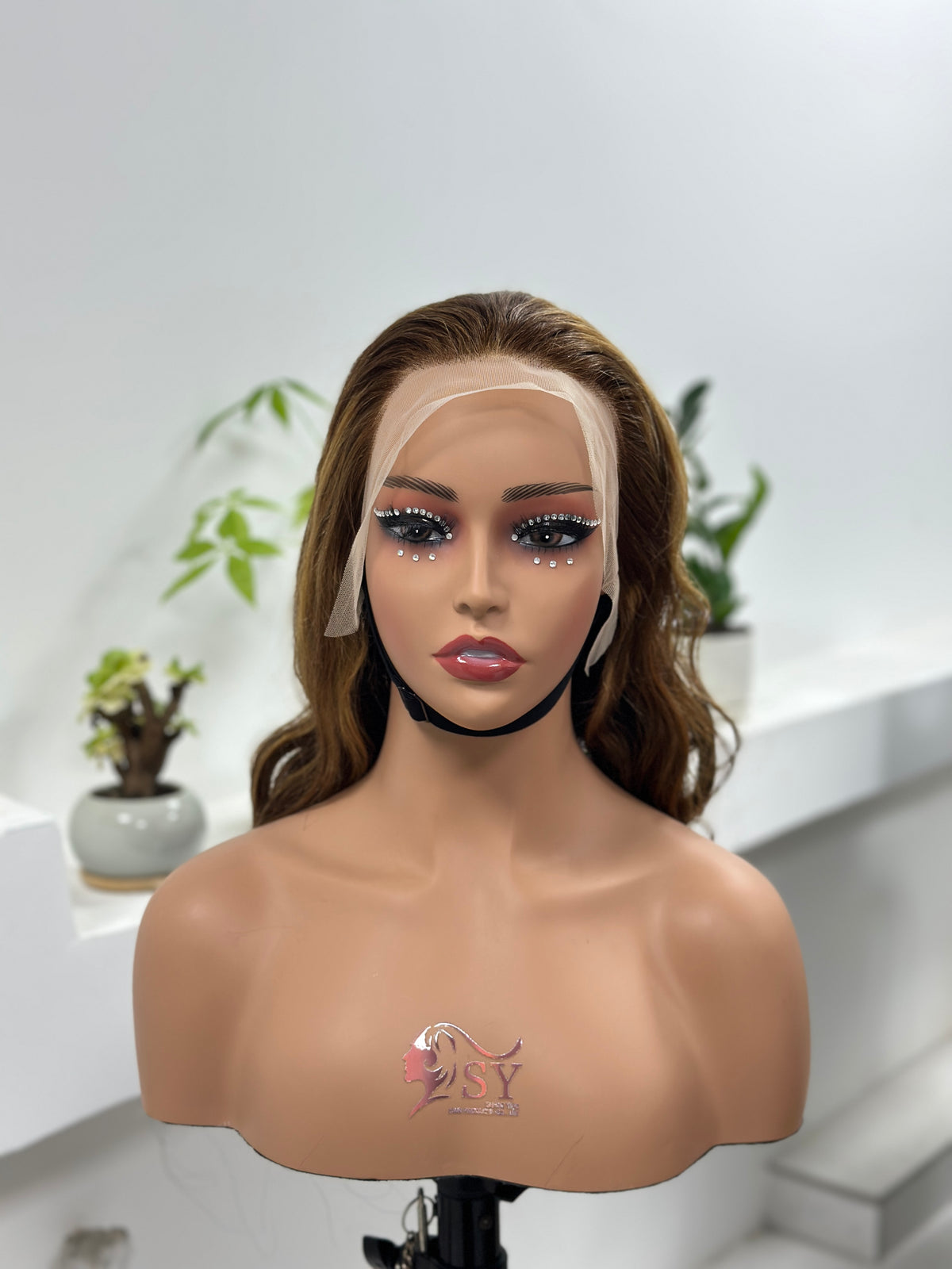 UNices Hair honey brown highlight curly lace front human hair wig front view