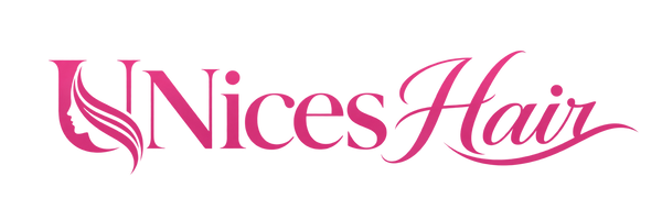 Pink 'UNices Hair' logo text on a solid black background.
