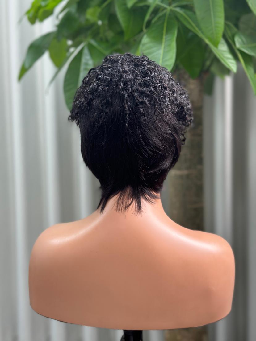 UNices Hair Natural Black mechanism curly pixie wig back view
