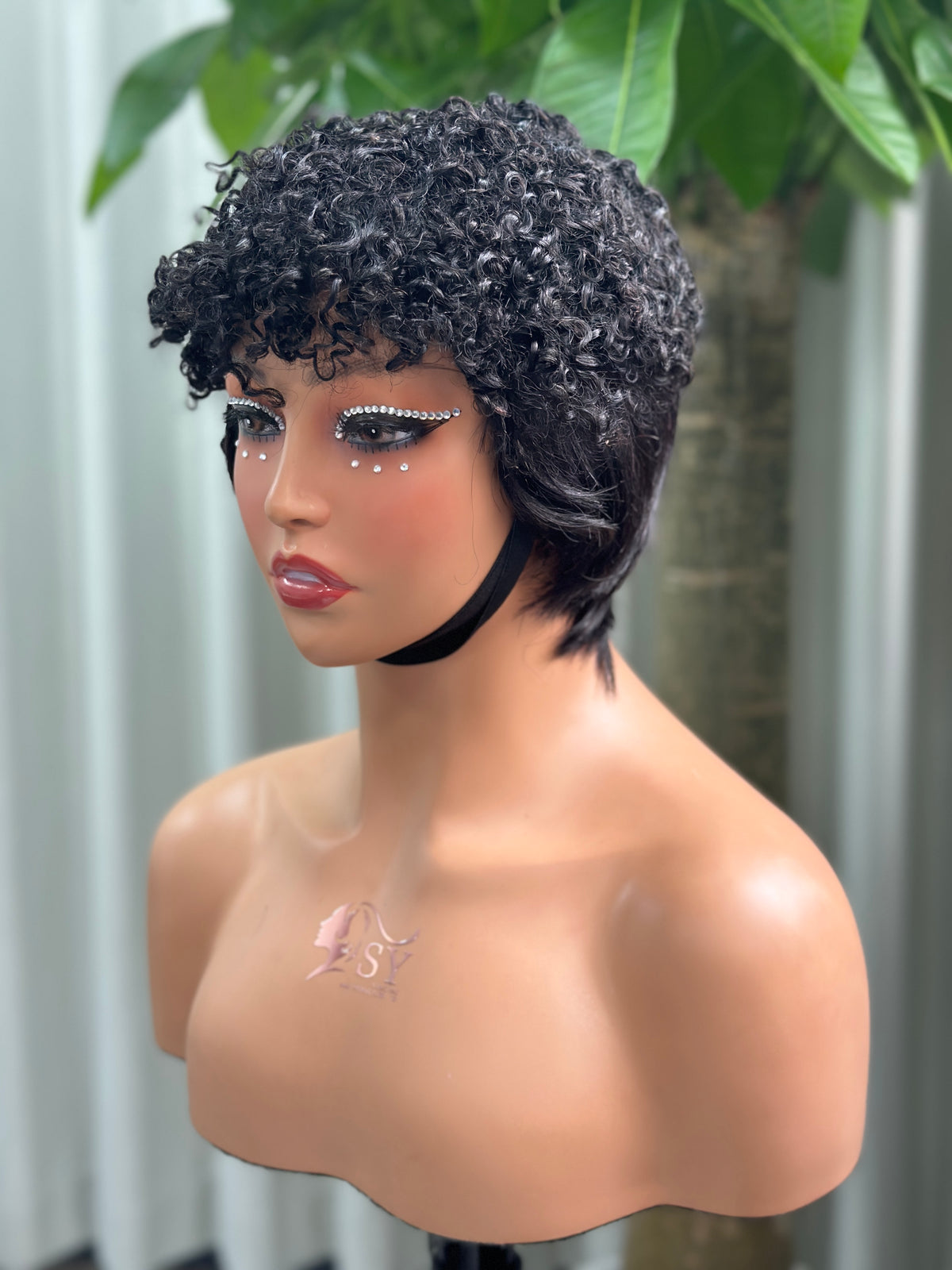 UNices Hair Natural Black mechanism curly pixie wig front view