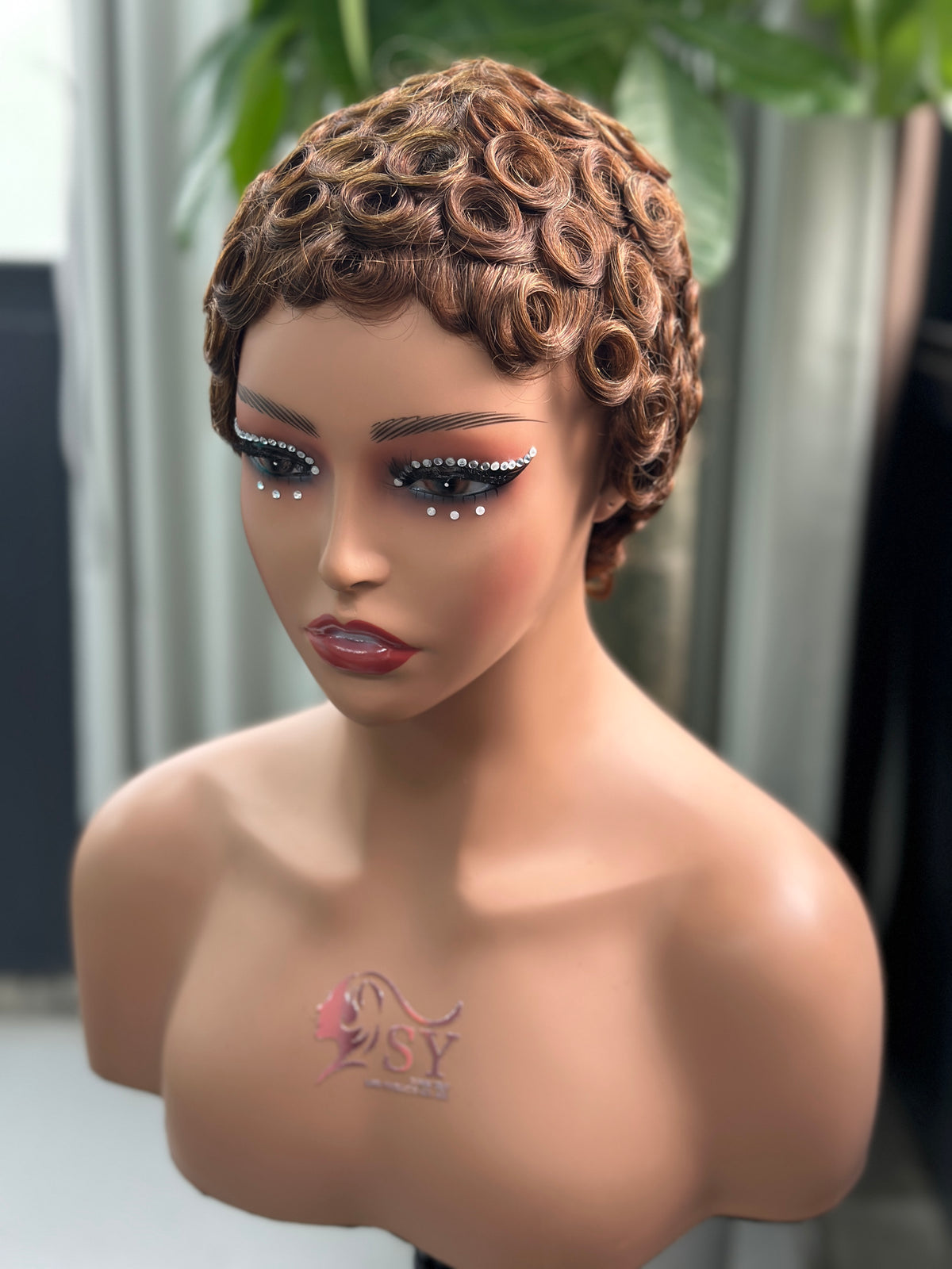 UNices Hair auburn brown mechanism finger wave pixie curly wig