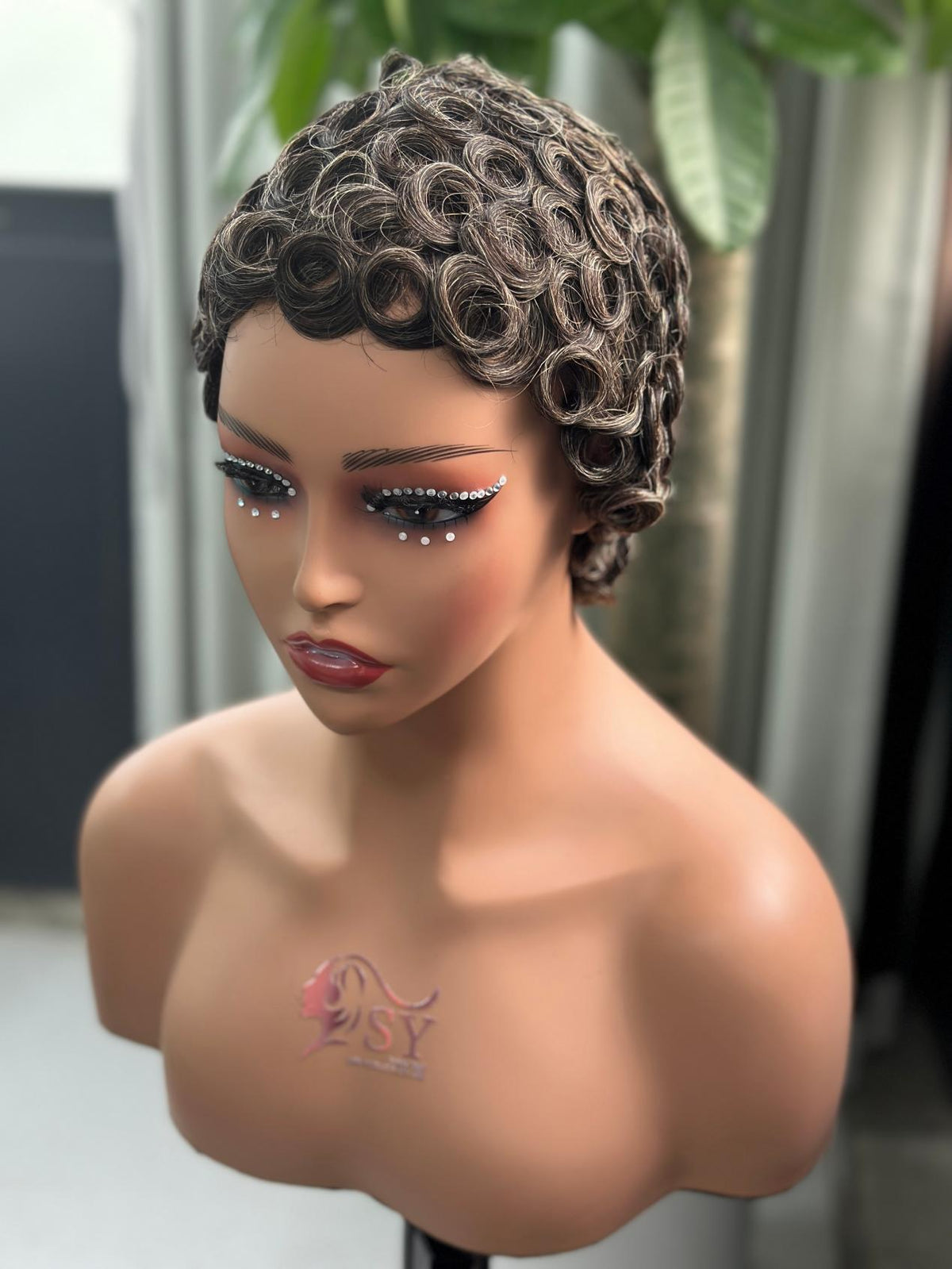 UNices Hair black blonde highlights mechanism finger wave pixie curly wig