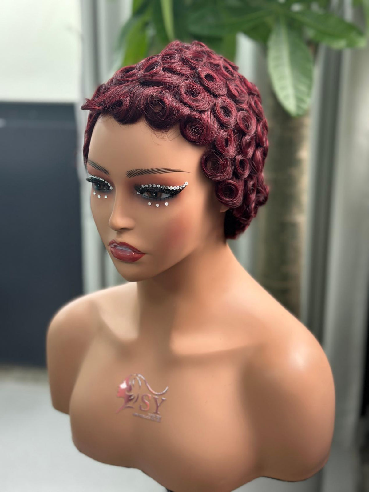 UNices Hair burgundy mechanism finger wave pixie curly wig