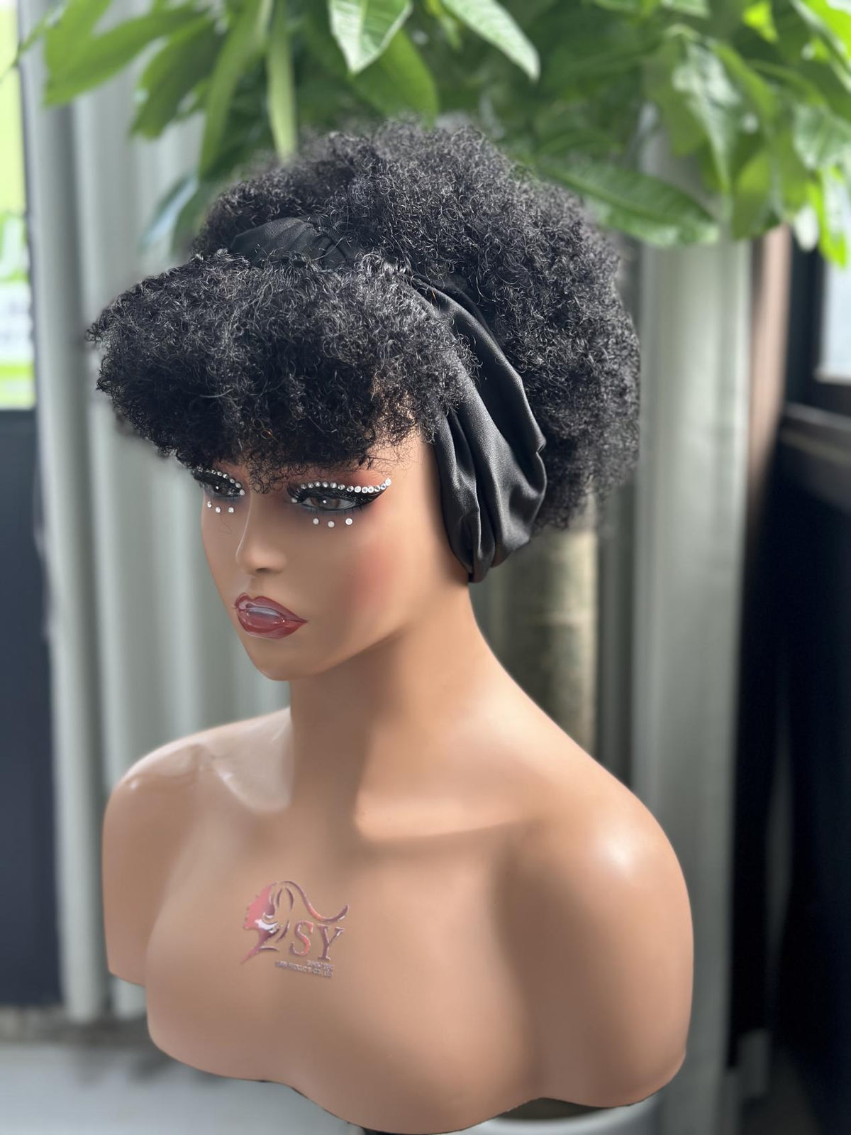 UNices Hair natural black afro curly headband wig black cap construction
