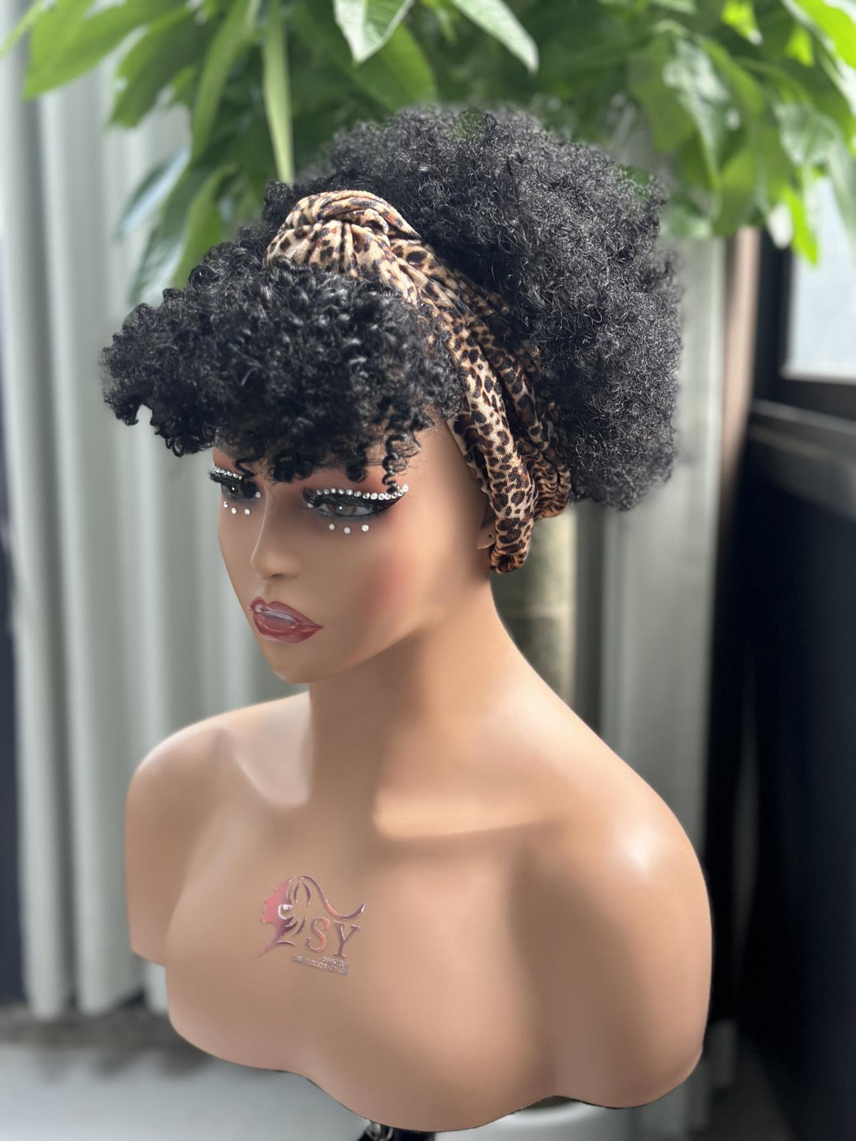 UNices Hair natural black afro curly headband wig leopard headband cap detail