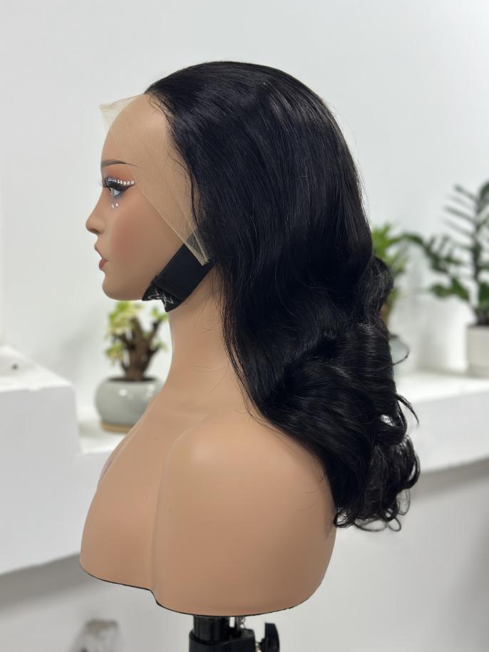 UNices Hair natural black body wave lace front human hair wig side view