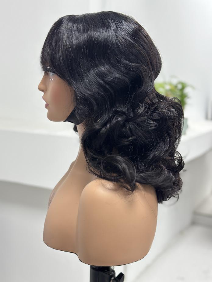 UNices Hair natural black loose curl human hair wig with bangs side view