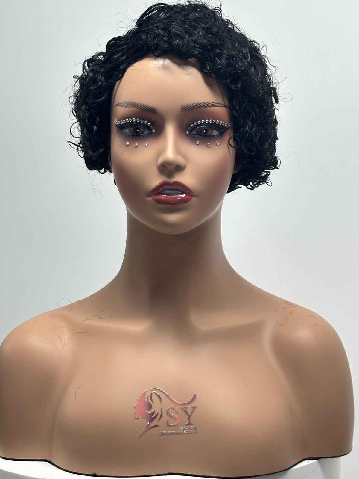 UNices Hair natural black machine-made pixie curly human hair wig front view