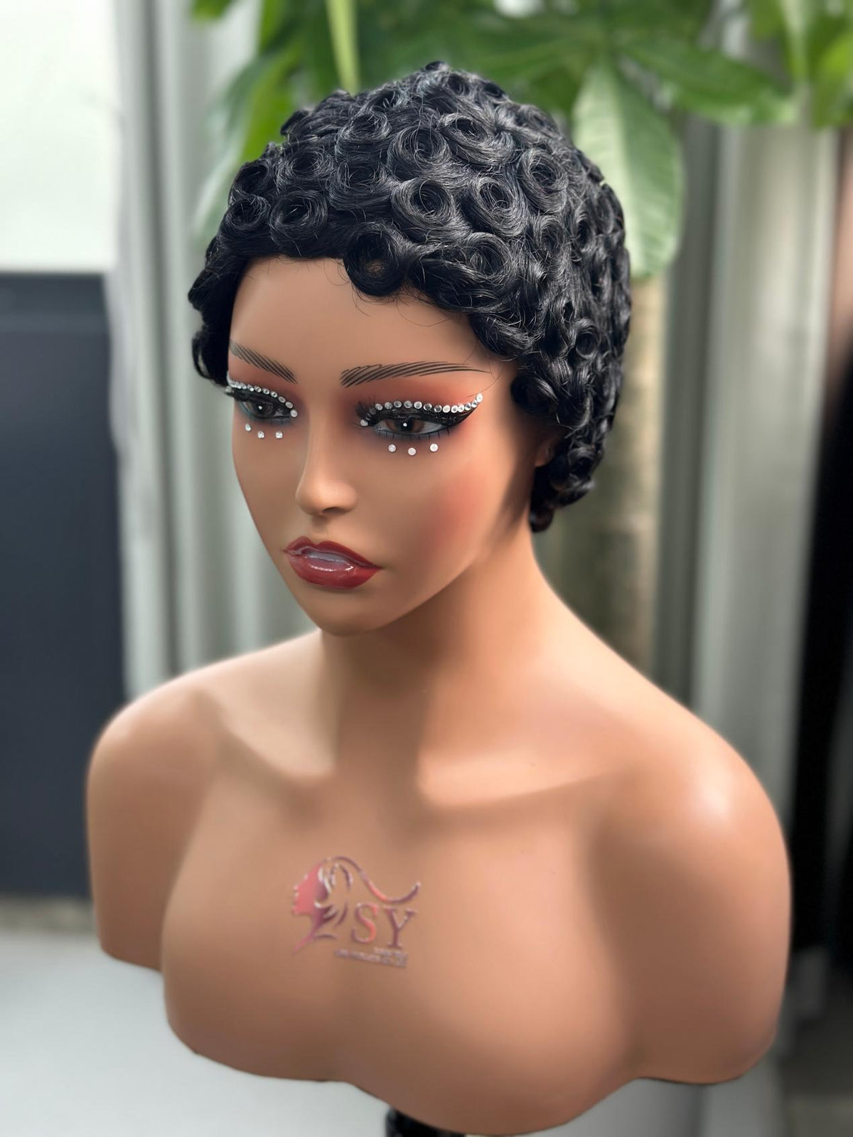 UNices Hair natural black mechanism pixie curly human hair wig front view